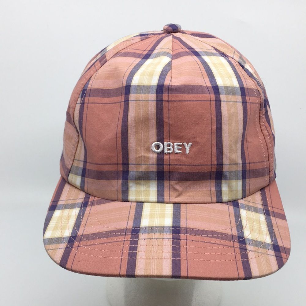 Obey Madras Salmon Pink Plaid Cotton Lightweight Baseball Hat Cap